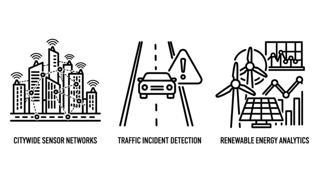 Icons for smart city networks traffic incident detection renewable energy analytics wind turbine solar panel internet of things building renewable analytics technology collection