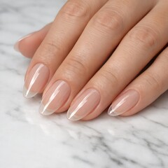 Naklejka premium Close-up of well-manicured nude natural nails on hands resting on white marble surface