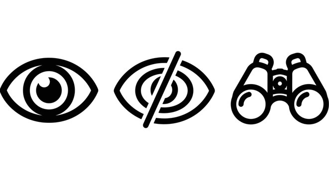 Vision and observation line icons set: open eye hidden eye binoculars symbols representing visibility privacy search concepts with user interface web design app icon invisible binoculars discover