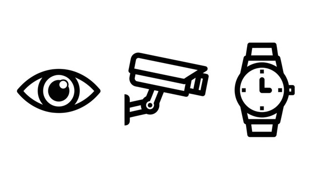 Surveillance and monitoring line icons set: eye security camera wrist watch symbols representing constant observation and timely security surveillance security monitoring observation