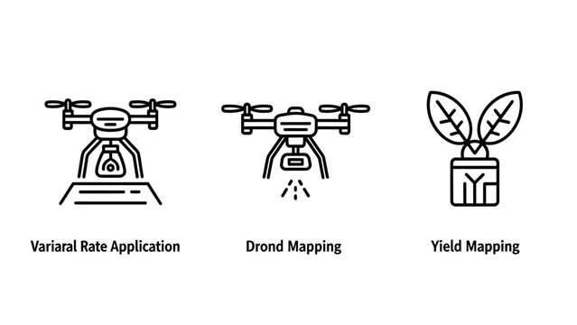 Line icons illustrating agricultural drone technology for variable rate application drone mapping yield mapping in smart farming remote sensing geographic information system line art