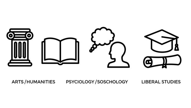 Educational icons representing arts humanities psychology sociology liberal studies a column book thinking head graduation cap with diploma educational institution higher education university life