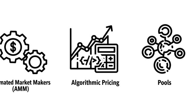 Automated market makers (amm) algorithmic pricing pools icons representing financial technology and cryptocurrency concepts automated trading crypto pools decentralized finance digital asset