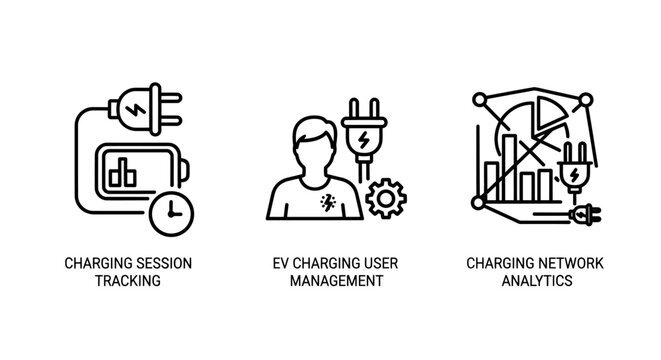 E-charging station tracking ev charge user management e-charging network analytics icons e charging electric vehicle electric car line art white background e-charging charging analytics
