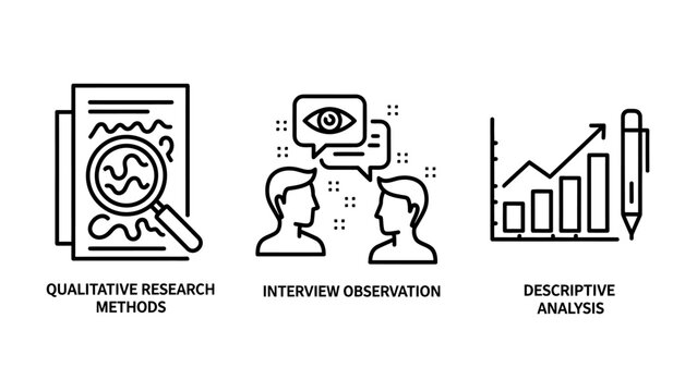 Qualitative research methods interview observation descriptive analysis icons set with magnifying glass qualitative research interview observation descriptive analysis statistics document