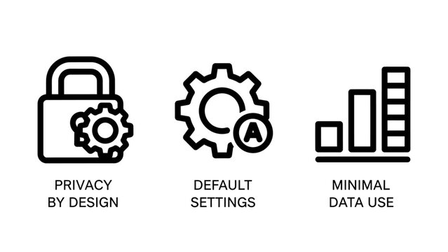 Privacy by design default settings minimal data use icons set for digital security with security settings information protection management internet application interface business technology