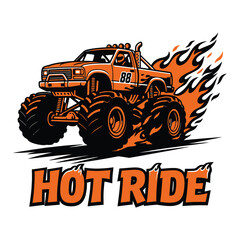 Orange monster truck with big wheels and flames racing fast © MdAnisul