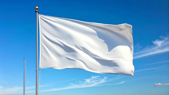 A blank white flag waving against a clear blue sky background