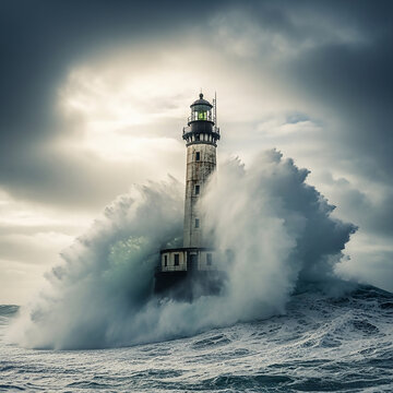 A tall, weathered lighthouse stands defiantly against a colossal wave crashing around its base under a dramatic