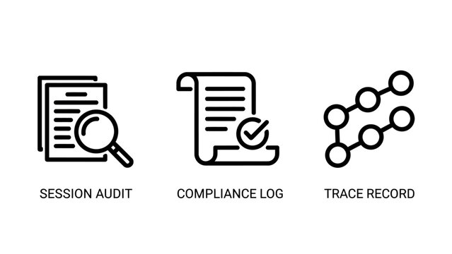 Session audit compliance log and trace record icons for system monitoring and regulatory tracking with compliance monitoring tracking document magnifying connection analysis inspection