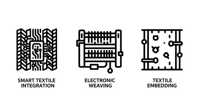 Smart fabric technology icons depicting textile integration electronic weaving processes and embedded sensor technology for wearable electronics with integration electronic embedding technology
