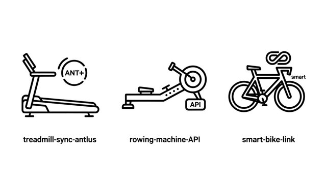 Smart fitness equipment connectivity icons depicting a treadmill with sync capabilities a rowing machine with api integration and a bike with digital link for tracking equipment treadmill exercise