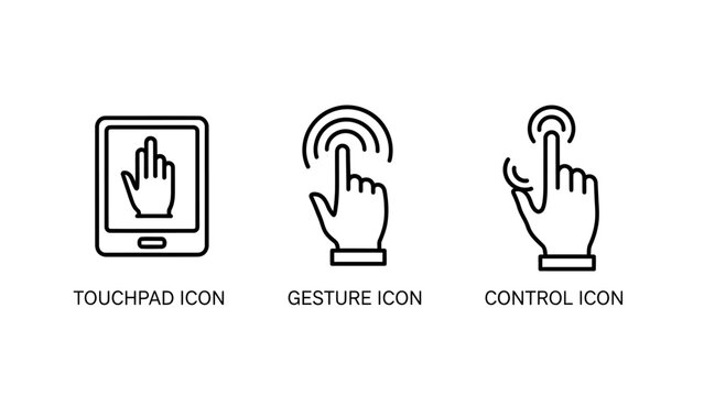 Professional touch interaction line icons showing a touchpad icon with hand a gesture icon for tapping and a control icon for finger interface navigation touchpad interface interaction technology