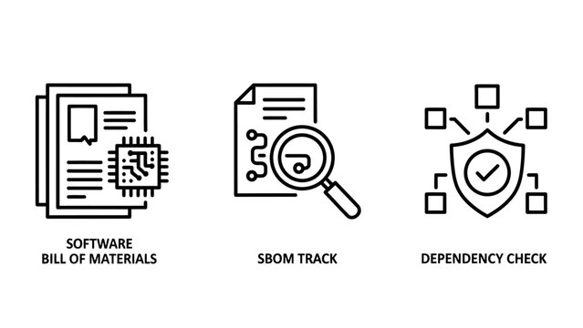 Cyber security and software development icons for bill of materials sbom tracking and dependency checks with software security materials dependency cybersecurity technology programming document