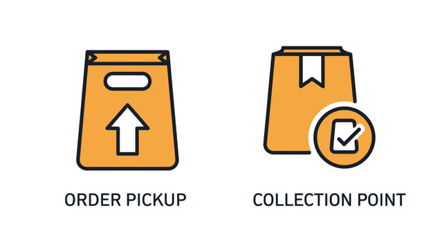 E-commerce and retail logistics icons for order pickup and collection point featuring orange shopping bags and package symbols collection shipping delivery commerce ecommerce shopping business