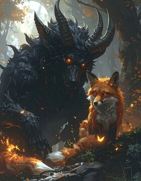 A fantasy creature and a fox amidst flames