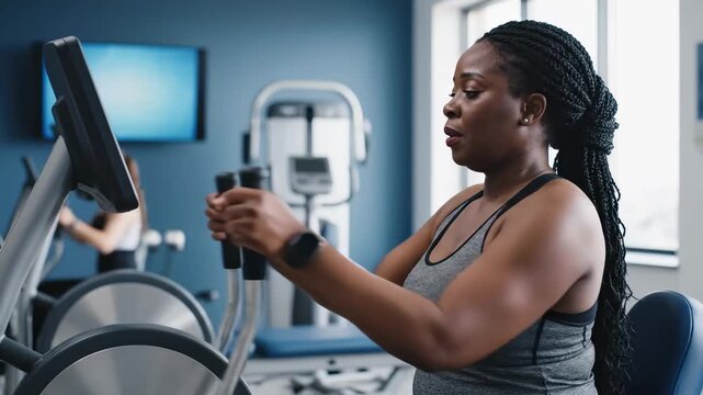 In a sleek, contemporary gym, a strong woman tirelessly works out on an elliptical machine, showcasing focus and dedication. The atmosphere is filled with motivation and energy.
