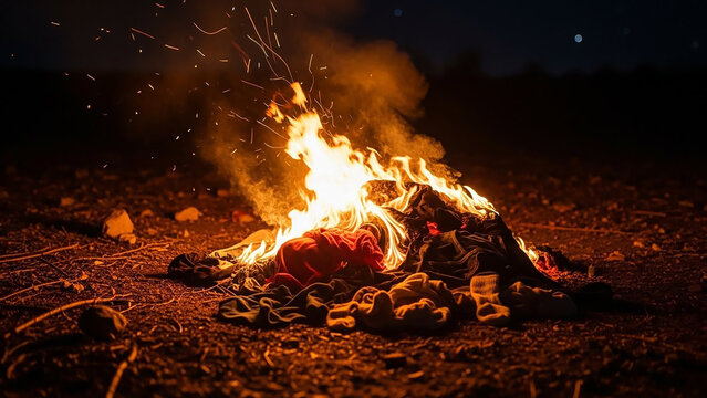 Campfire burning a pile of colorful clothing and fabric at night with sparks flying and smoke rising in the darkness Keywords: campfire, fire, burning, clothes, night, sparks, smoke, fabric