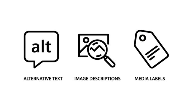 Web accessibility icons including alternative text image descriptions and media labels for inclusive digital content and SEO optimization with accessibility description inclusive internet metadata