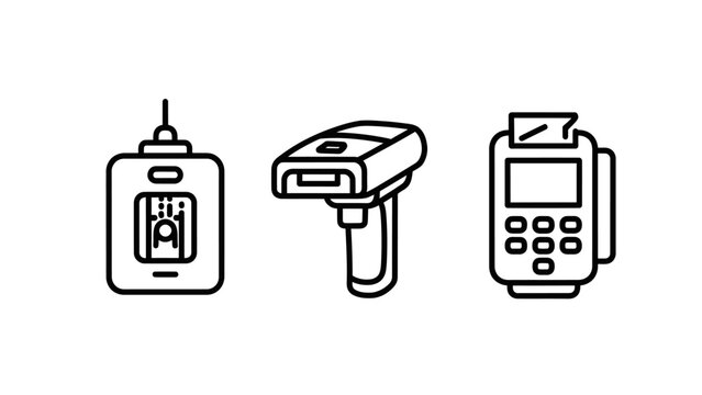 Set of handheld electronic retail devices including security id scanner barcode reader and pos payment terminal icons with hardware electronic terminal credit card security identification