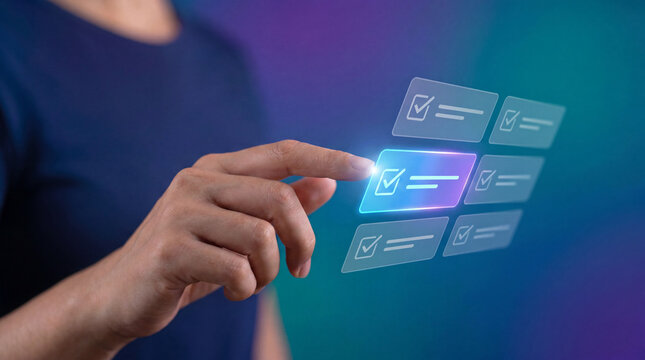 Finger touching a virtual checklist interface with checkbox marks. Business task management and project planning workflow. Digital questionnaire, survey form, and online quality audit review.