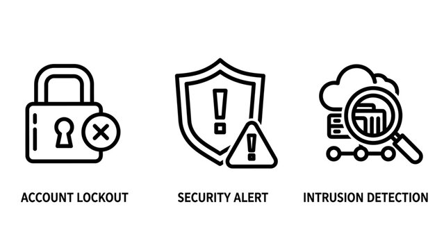 Set of network security and monitoring icons featuring account lockout security alert cloud intrusion detection security intrusion detection protection investigation magnifying firewall