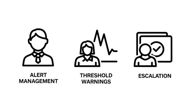 Management of alerts and escalation procedures linear icon set with management escalation business monitoring threshold corporate professional notification analysis approval workflow