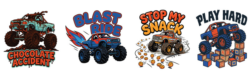 Set of colorful monster truck illustrations with fun typography and slogans © MdAnisul