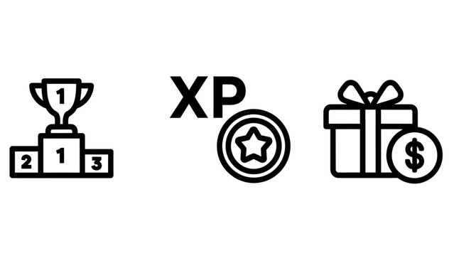 Gamification elements including achievement trophy experience points and rewards with gamification achievement experience marketing customer engagement currency competition celebration