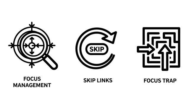 Web accessibility focus management skip links and focus trap icons set with management accessibility development interface navigation experience software keyboard usability inclusive