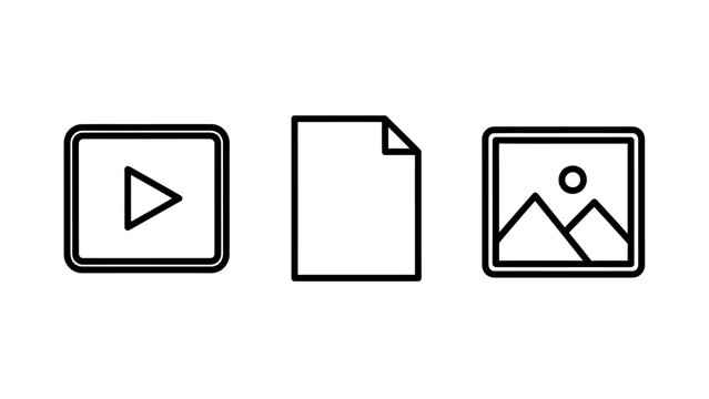 Media file format line icons including play button document and image with document interface computer technology multimedia elements abstract minimalist download filetype software