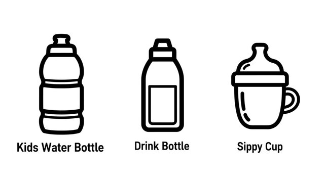 Kids drink bottle and sippy cup baby hydration line icons with hydration beverage container toddlers accessories lifestyle parenting products minimalist collection childhood toddlerhood