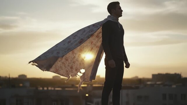 Man with Flowing Cape Stands on Rooftop at Sunset