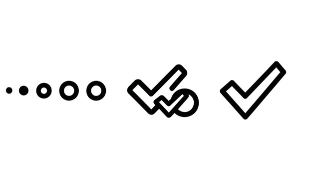 Progress and completion status indicator icons showing loading dots and checkmark verification symbols with progress checkmarks verification completed indicator validation approval workflow