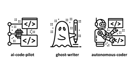 Fototapeta premium Artificial intelligence development and programming concept icons set with artificial intelligence programming software development automation ghostwriter algorithm computer learning
