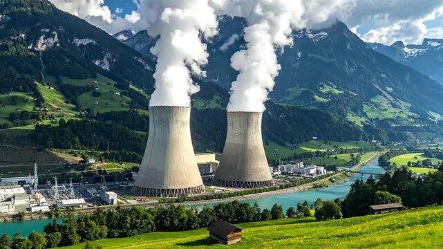 Large industrial cooling towers emit steam in a mountain valley