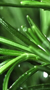 Raindrops fall on rosemary branches. Filmed on a high-speed camera at 1000 fps. High quality FullHD footage