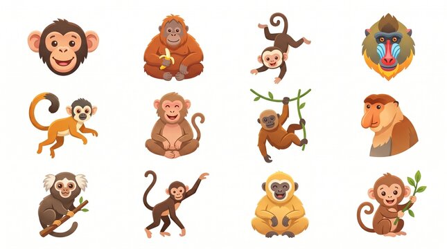 Cute Cartoon Monkey Animal Icons Set in Flat Vector  Illustration