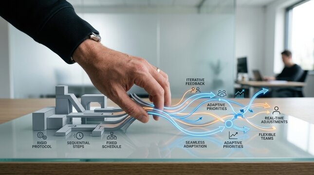 Hand of a person interacting with a digital interface representing adaptive workflow design and productivity solutions