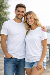 Obraz premium Smiling man and woman standing closely together with their arms around each other. They are dressed casually in white t-shirts and denim shorts. The background shows a calm sea under blue sky.