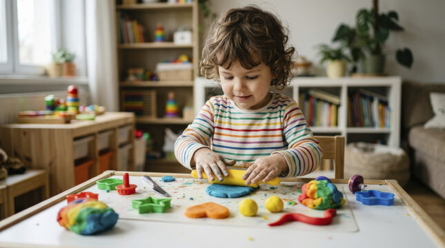 Toddler playing with colorful playdough, engaging in creative sensory development activities at home.