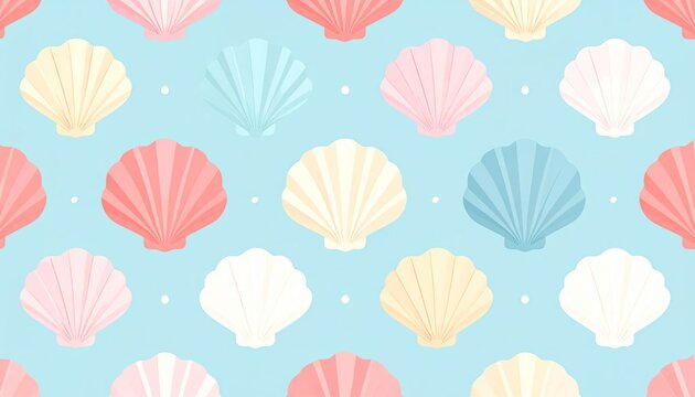 Pastel Seashell Pattern Arranged on Light Blue Background