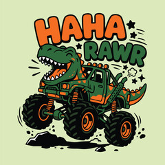 Funny dinosaur monster truck cartoon illustration with text © MdAnisul
