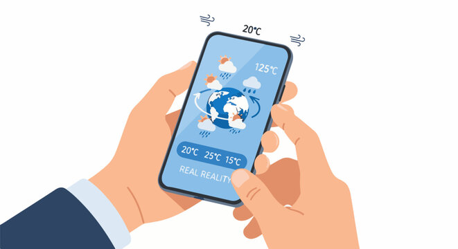 Phone displays global weather forecast with varied temperatures and icons