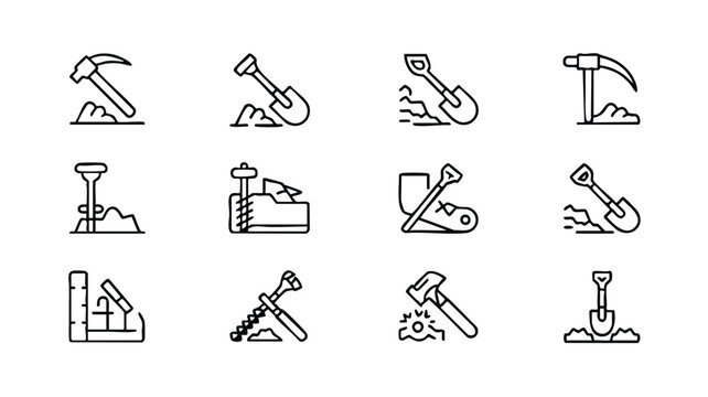 Collection of various mining and construction tools icons in line art style for industrial and business concepts