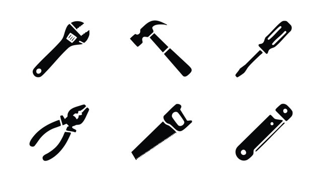 Collection of basic hand tools on white background for repair and construction