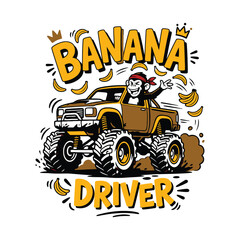 Cartoon monkey driving a monster truck with banana text design © MdAnisul