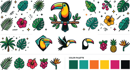 Naklejka premium Tropical Toucan Bird and Exotic Jungle Botanical Vector Set