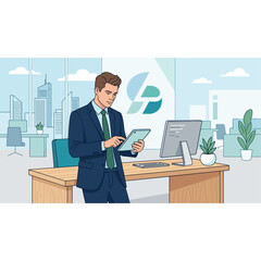 Fototapeta premium Businessman using tablet in modern office with city view
