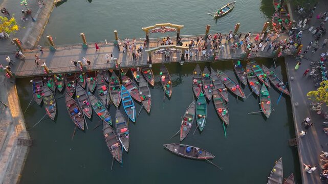 Aerial panoramic view of Hoi An city, Da Nang province, Vietnam. Panoramic footage of Hoian ancient town, UNESCO world heritage. One of the most travel popular touristic destinations 
